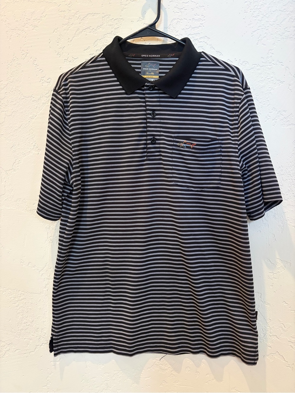 Greg Norman Collection Black and Gray Striped Polo